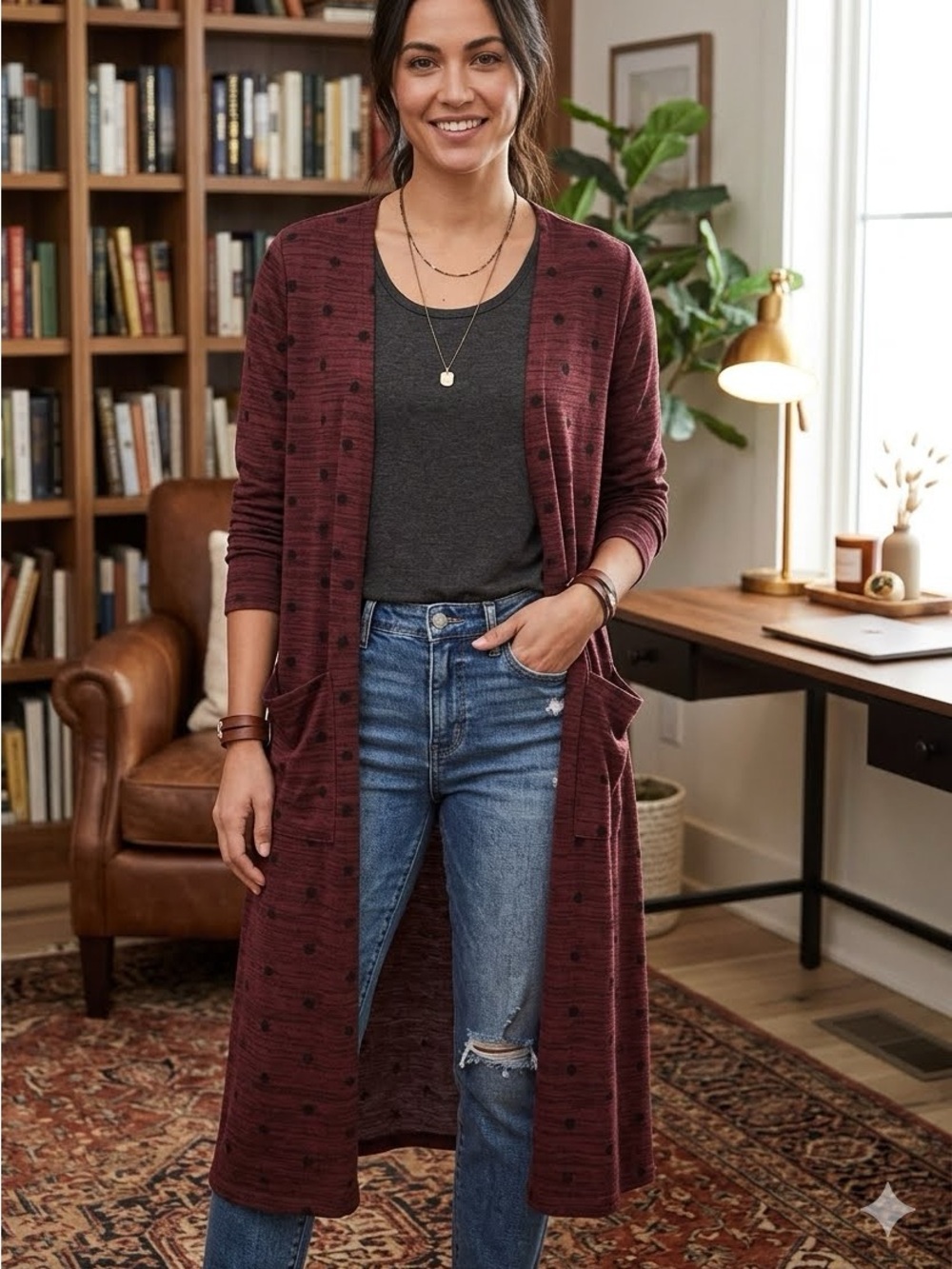 LuLaRoe Sarah Burgundy Polka Dot Duster Cardigan Large